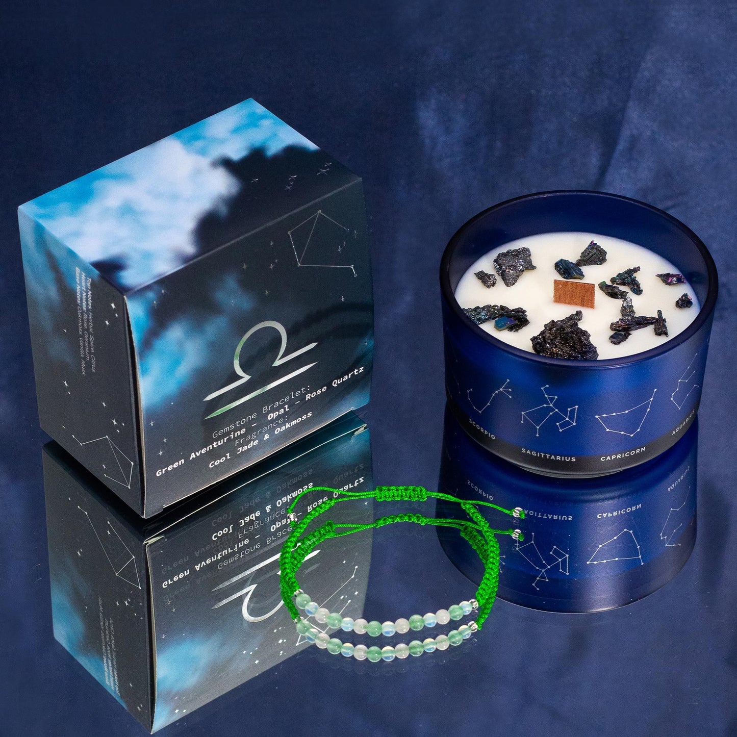 Zodiac Crystal Candle with Gemstone Bracelet – Libra (Green Aventurine, Opal & Rose Quartz | Jade & Oakmoss Scent)