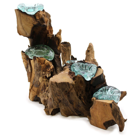 Molten Glass Five Candle Holder on Wood | Handmade Recycled Glass & Gamal Root | Eco-Friendly Natural Home Décor