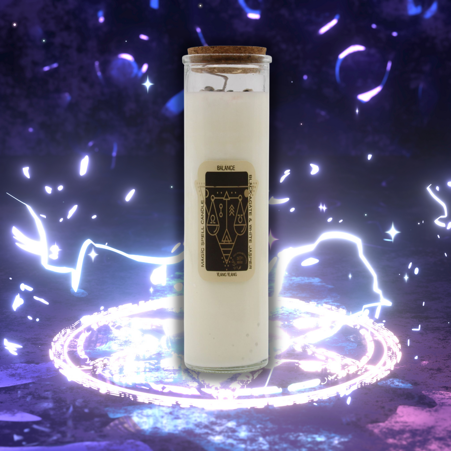 Candle in a glass jar with a label on a mystical background with lights and energy effects.