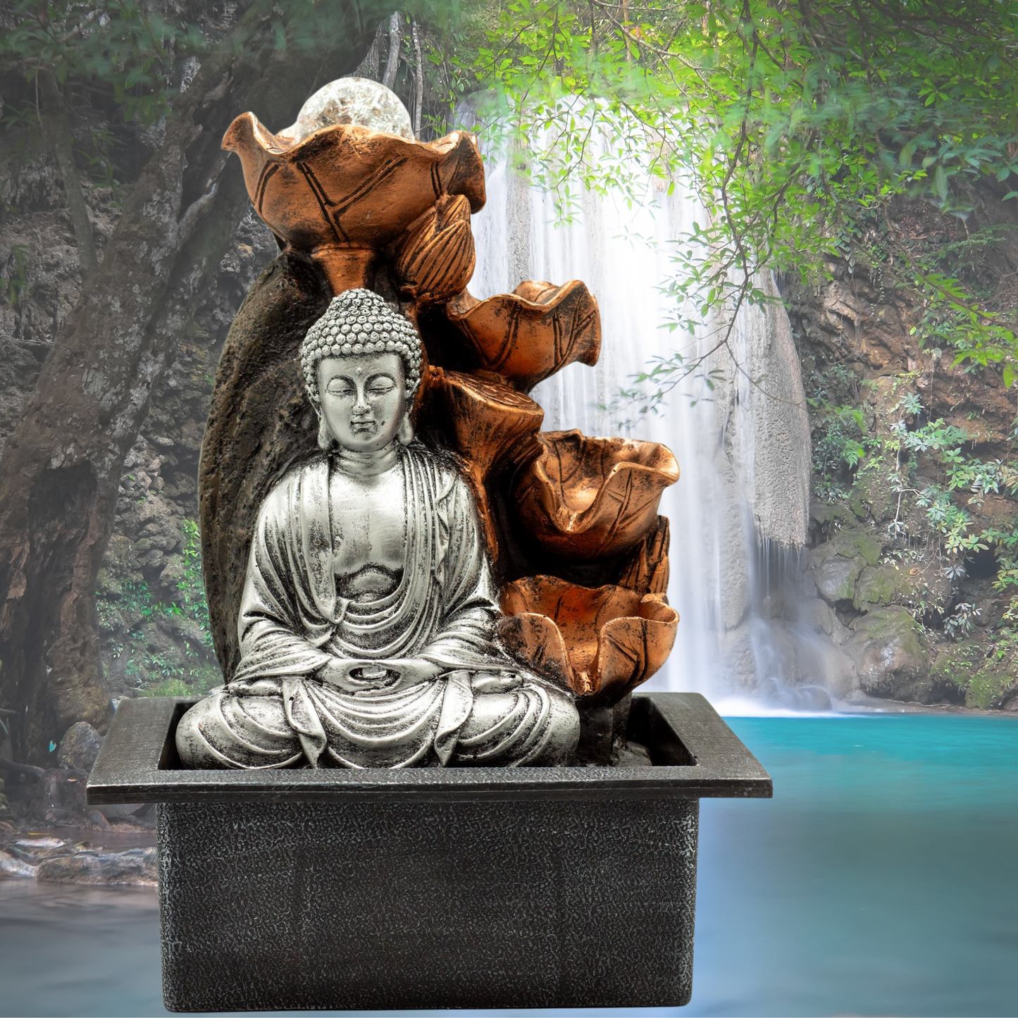 Tabletop Water Feature – 35cm Silver Buddha Zen Cascade with Crystal Ball | Indoor Fountain | Tranquil Home & Office Décor