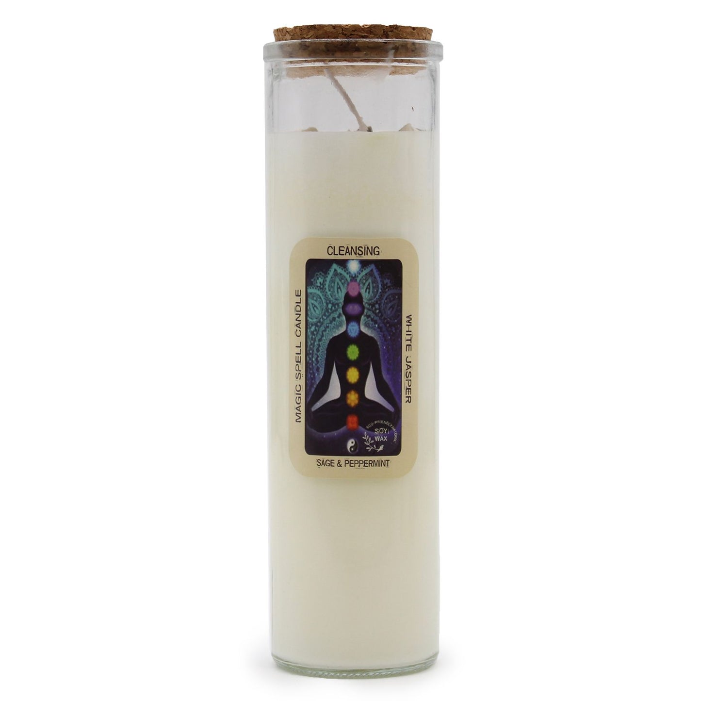 Candle with a label featuring a chakra symbol on a white background