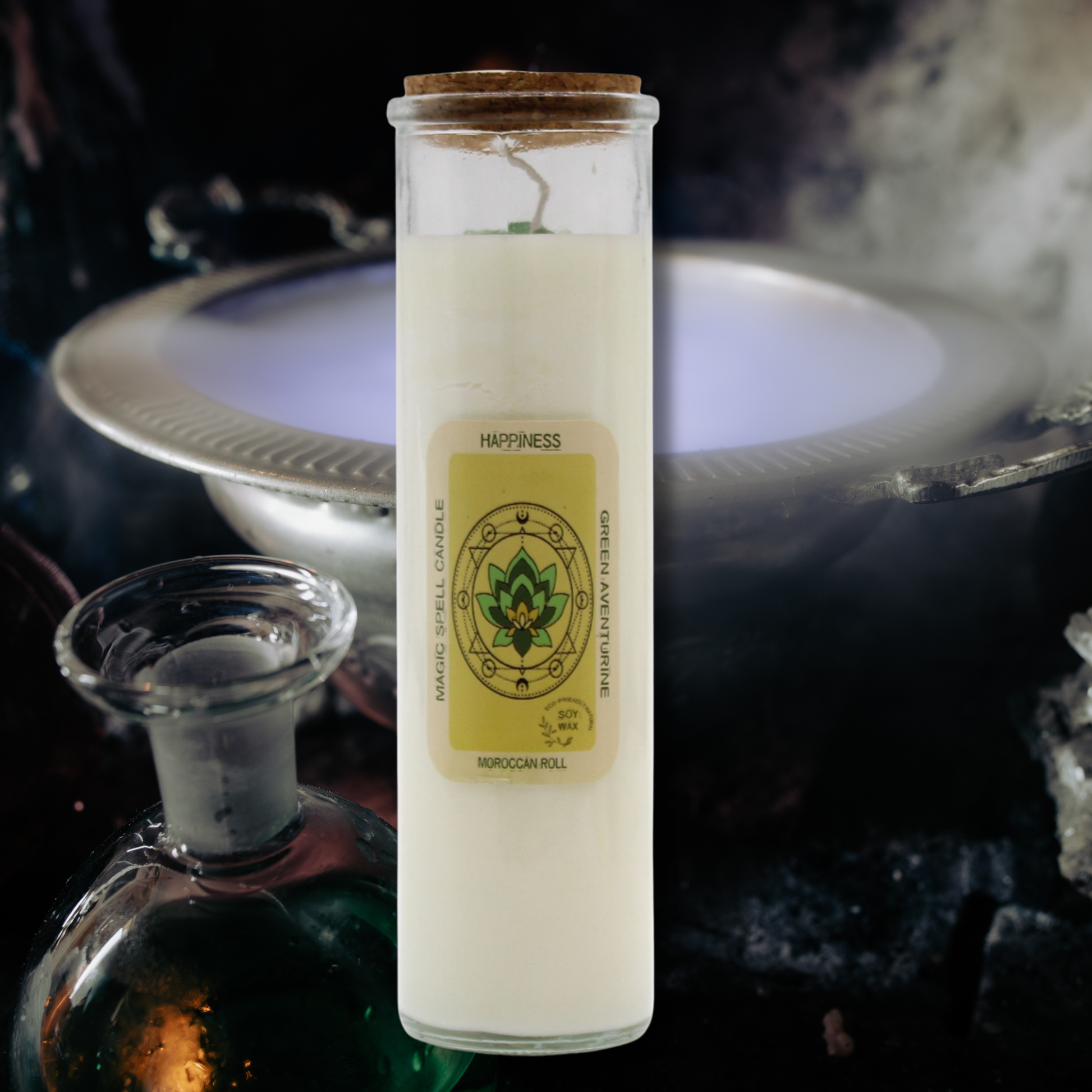 White candle in a glass jar with a label on a dark background