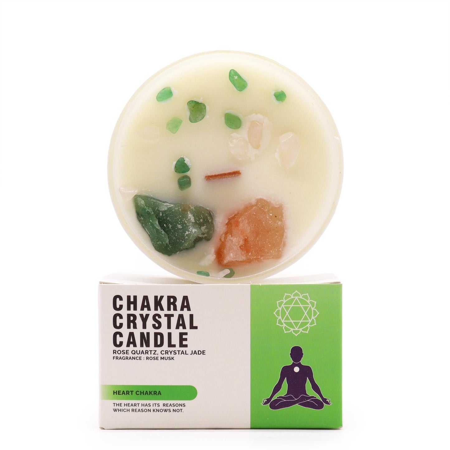 Chakra crystal candle with packaging on a white background
