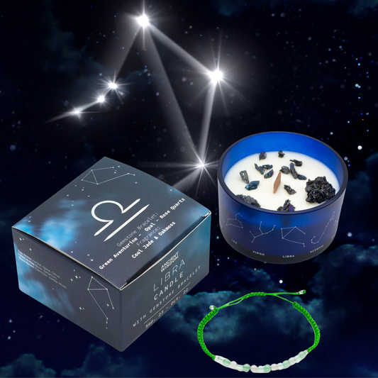 Zodiac Crystal Candle with Gemstone Bracelet – Libra (Green Aventurine, Opal & Rose Quartz | Jade & Oakmoss Scent)