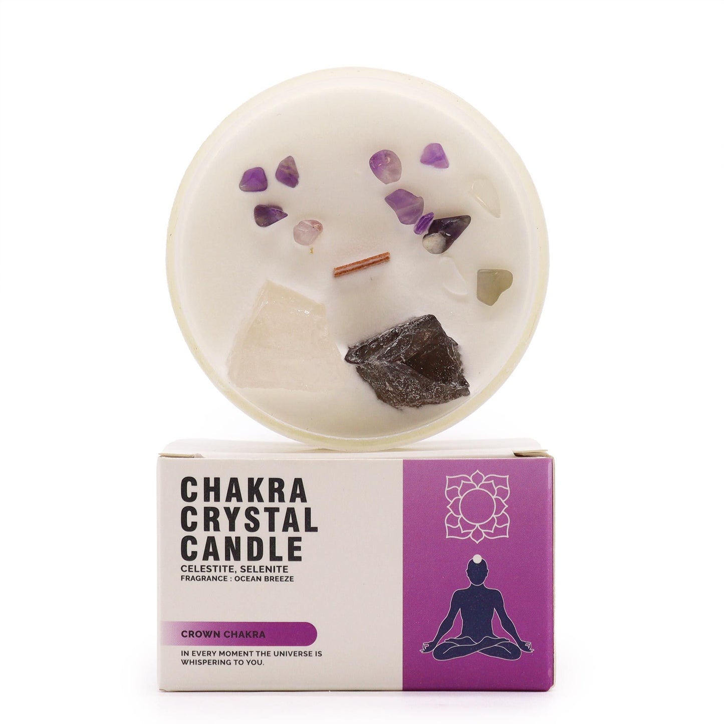 Chakra crystal candle with packaging on a white background
