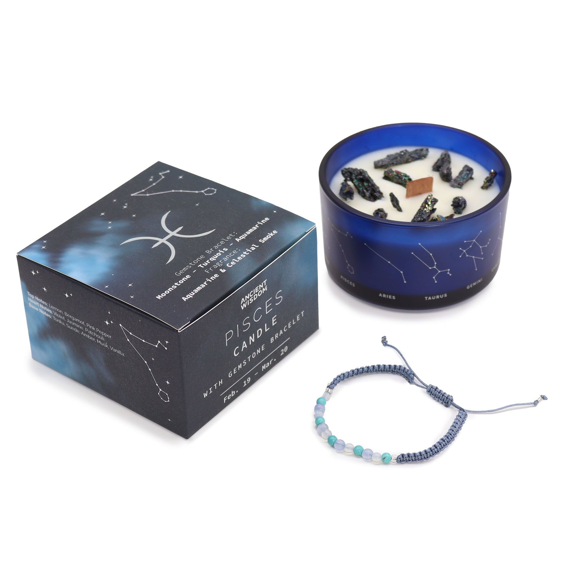 Pisces candle with packaging and bracelet on a white background