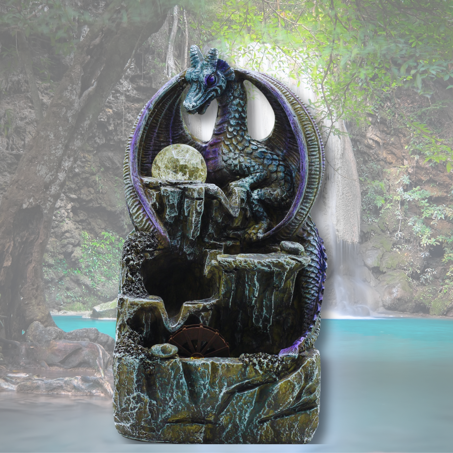 Tabletop Water Feature – 35cm Purple Dragon with Crystal Ball & Water Wheel | Fantasy Indoor Fountain | Tranquil Home Décor