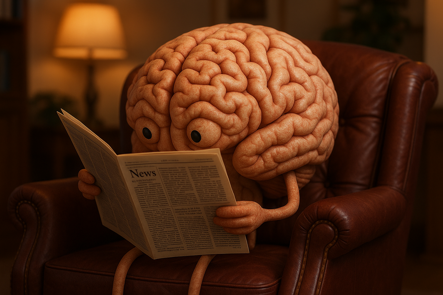 a 3d brain sitting in an armchair reaing the newspaper