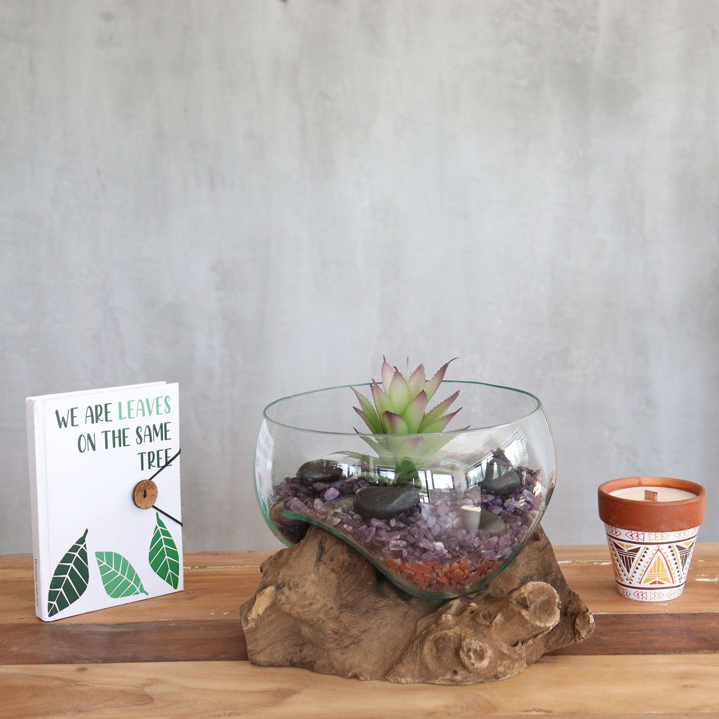 Handmade Melted Glass on Wood Vase | Balinese Recycled Glass & Gamal Wood | Eco-Chic Home Décor