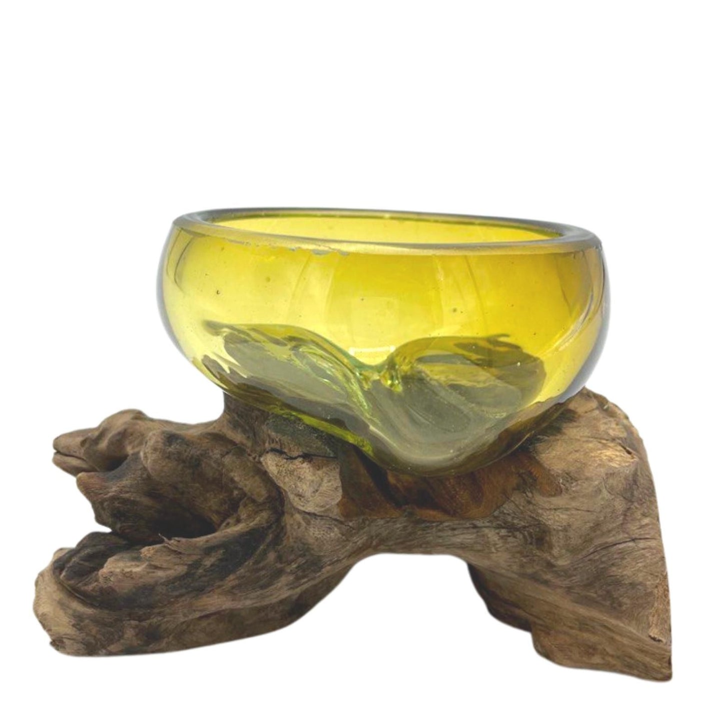 Molten Glass Amber Bowl on Wood | Handmade Recycled Glass & Gamal Root | Natural Eco-Friendly Home Décor