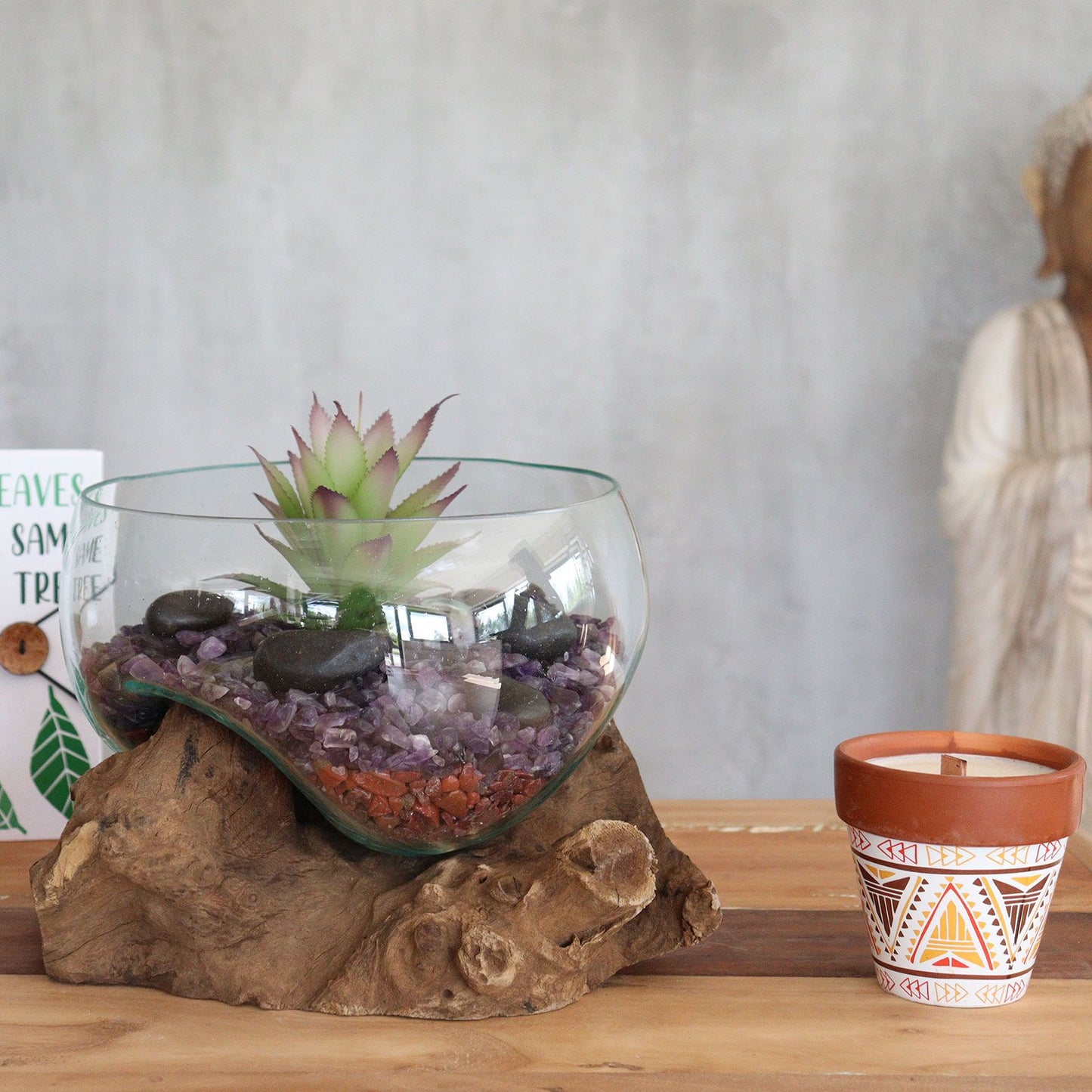 Handmade Melted Glass on Wood Vase | Balinese Recycled Glass & Gamal Wood | Eco-Chic Home Décor