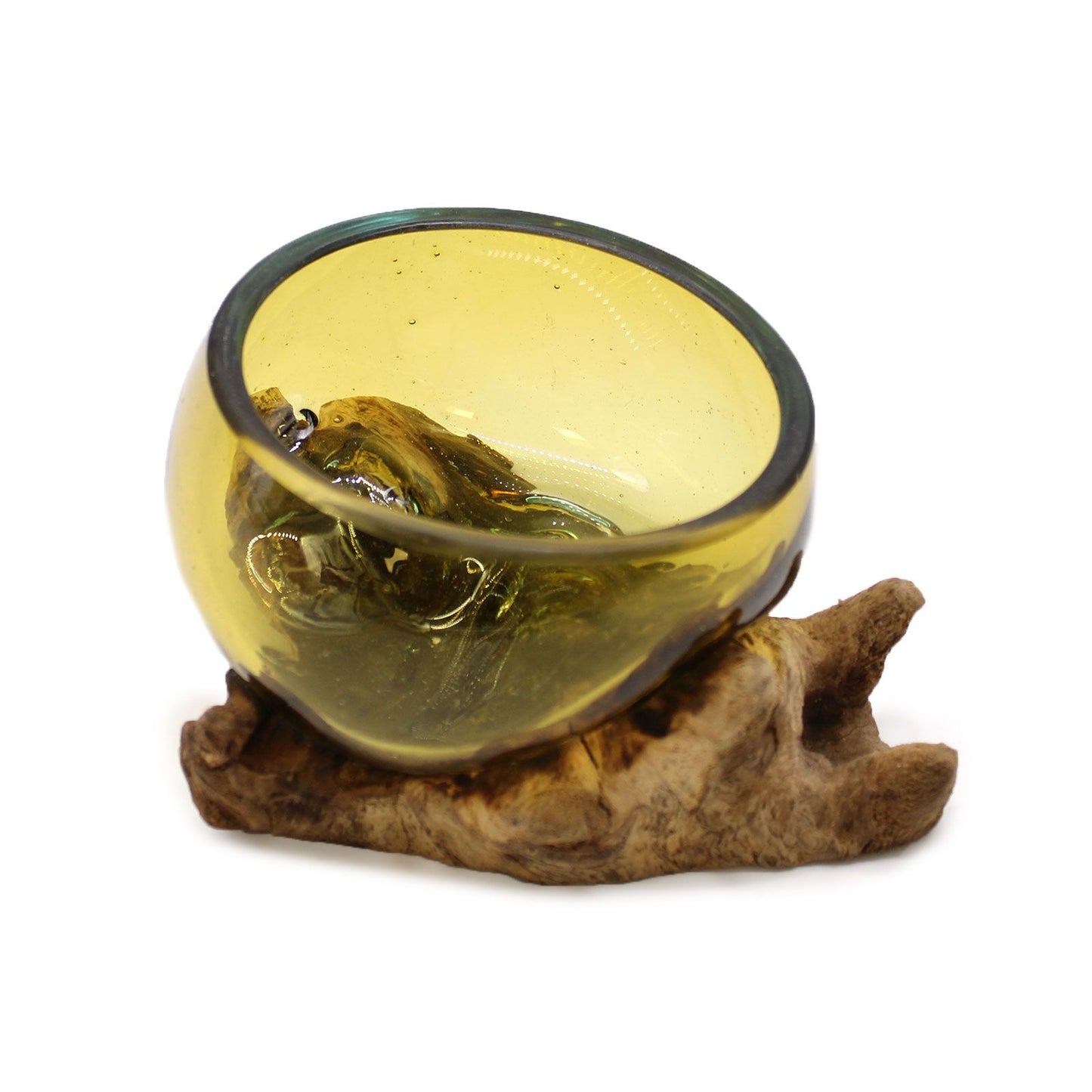 Molten Glass Amber Bowl on Wood | Handmade Recycled Glass & Gamal Root | Natural Eco-Friendly Home Décor