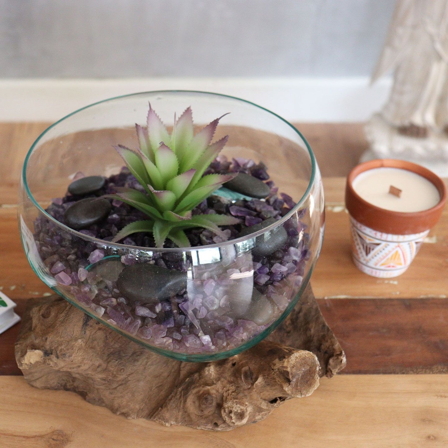Handmade Melted Glass on Wood Vase | Balinese Recycled Glass & Gamal Wood | Eco-Chic Home Décor