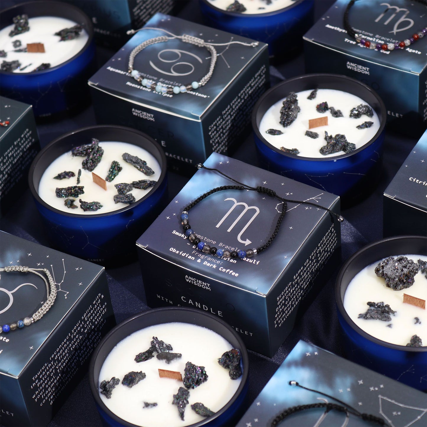 Zodiac Crystal Candle with Gemstone Bracelet – Scorpio (Smoky Quartz, Lapis Lazuli & Black Obsidian | Obsidian & Dark Coffee Scent)