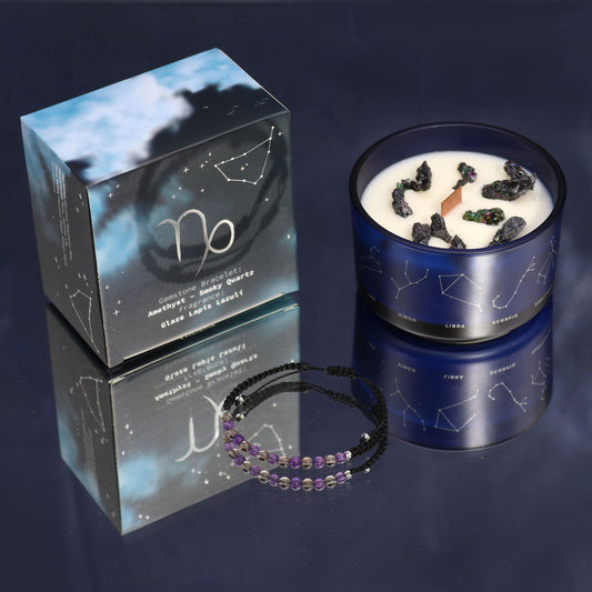 Capricorn Zodiac Crystal Candle & Gemstone Bracelet – Glaze Lapis Lazuli | Amethyst & Smoky Quartz Crystals