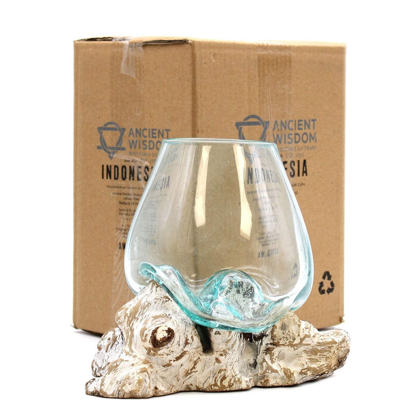 Molten Glass on Whitewash Wood – Large Bowl | Handcrafted Recycled Glass & Gamal Wood Art from Bali