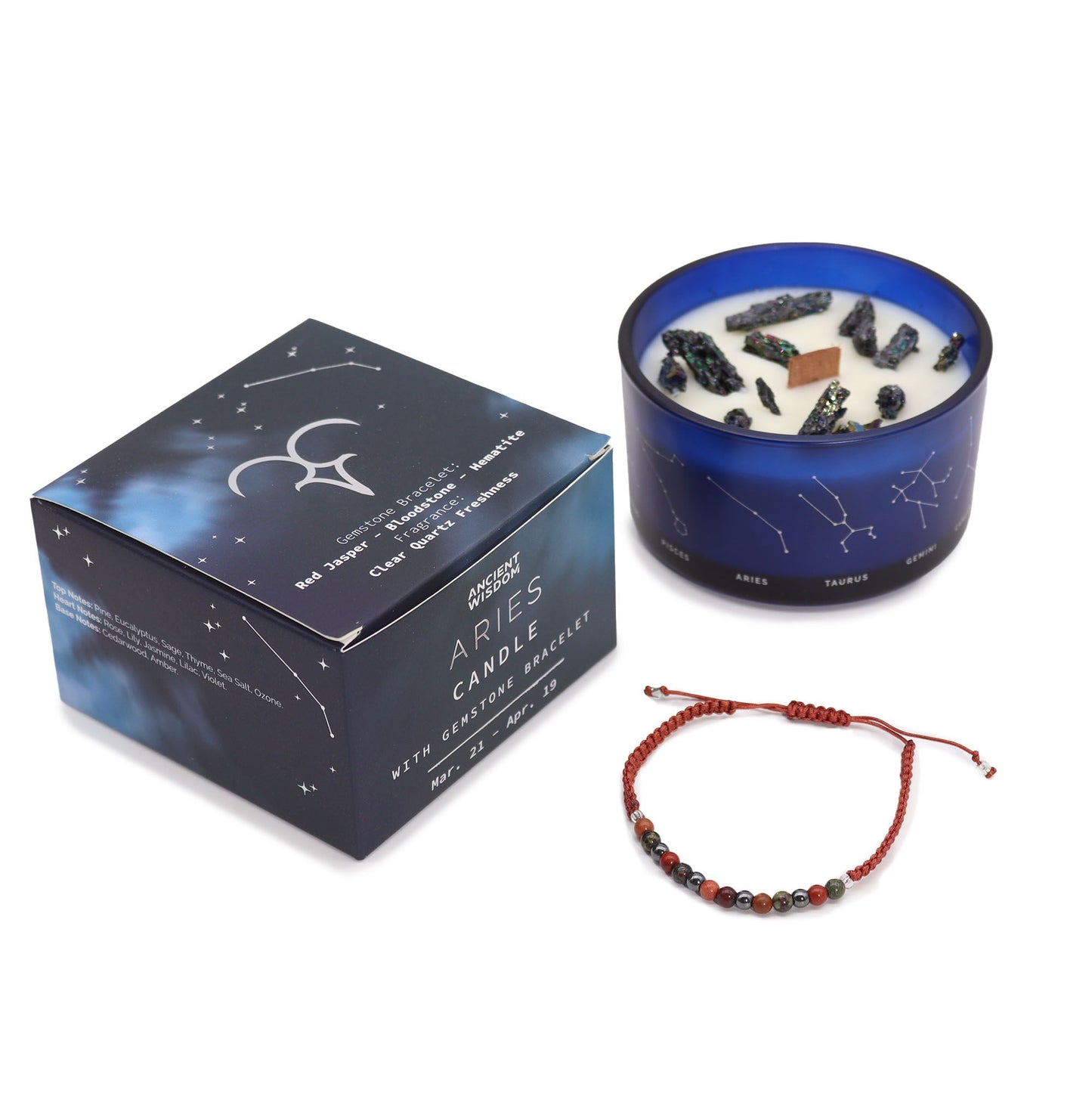 Aries Zodiac Crystal Candle & Gemstone Bracelet – Clear Quartz Freshness | Red Jasper, Bloodstone & Hematite Crystals