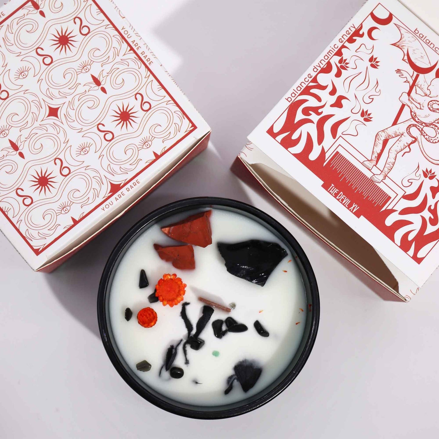 The Devil Crystal Magic Candle – Red Jasper & Black Agate | Passion, Power & Motivation (22hr Burn Time)