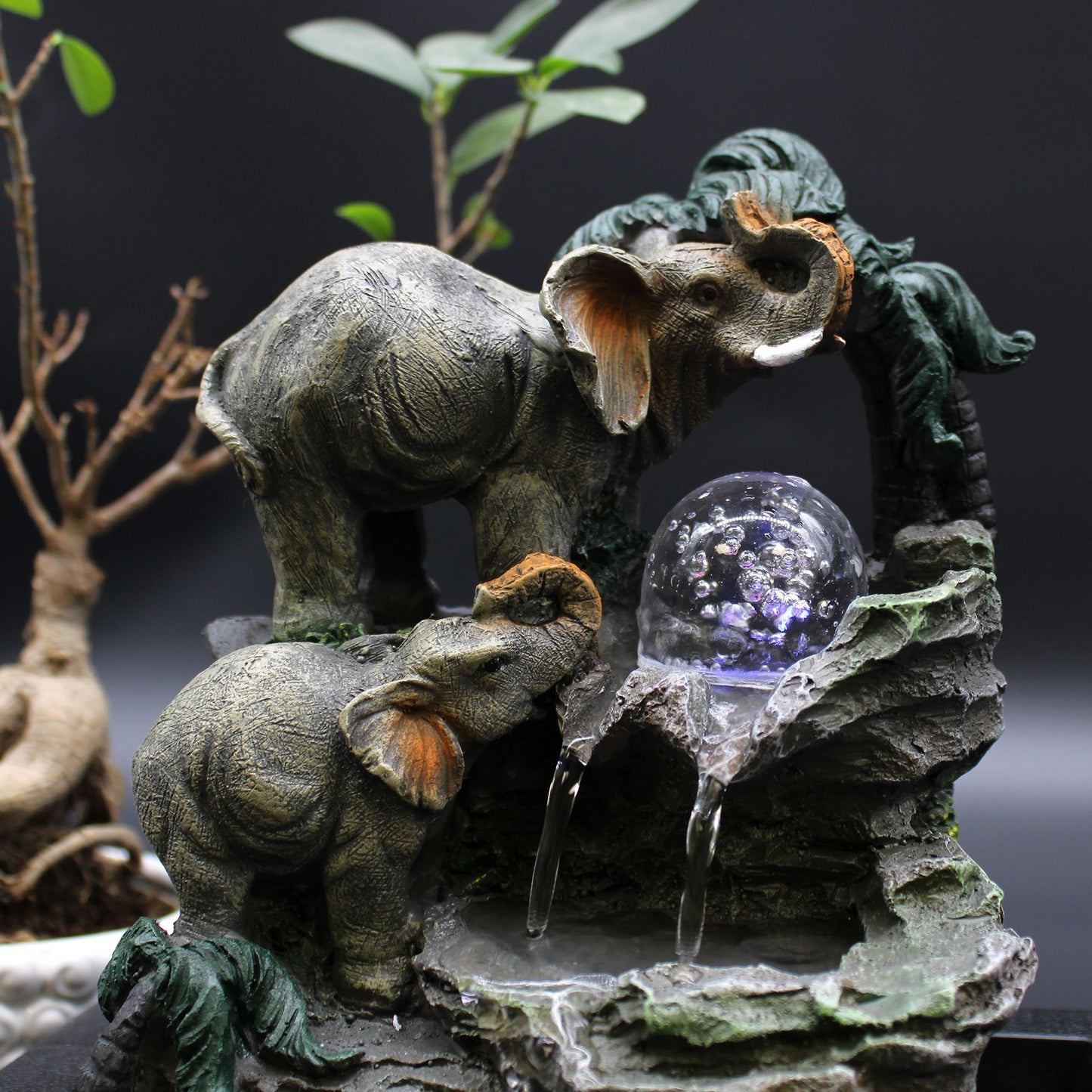 Tabletop Water Feature 30cm – Elephant Family | Indoor LED Relaxation Fountain for Home & Office