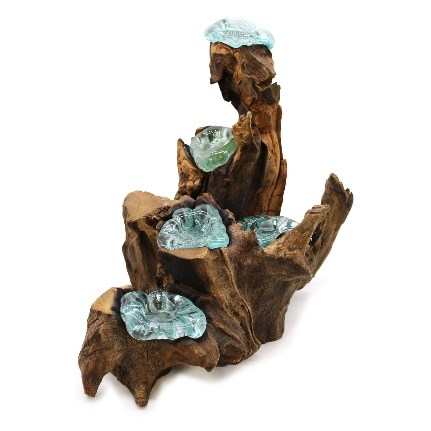 Molten Glass Five Candle Holder on Wood | Handmade Recycled Glass & Gamal Root | Eco-Friendly Natural Home Décor