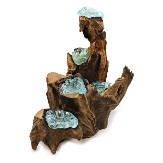 Molten Glass Five Candle Holder on Wood | Handmade Recycled Glass & Gamal Root | Eco-Friendly Natural Home Décor