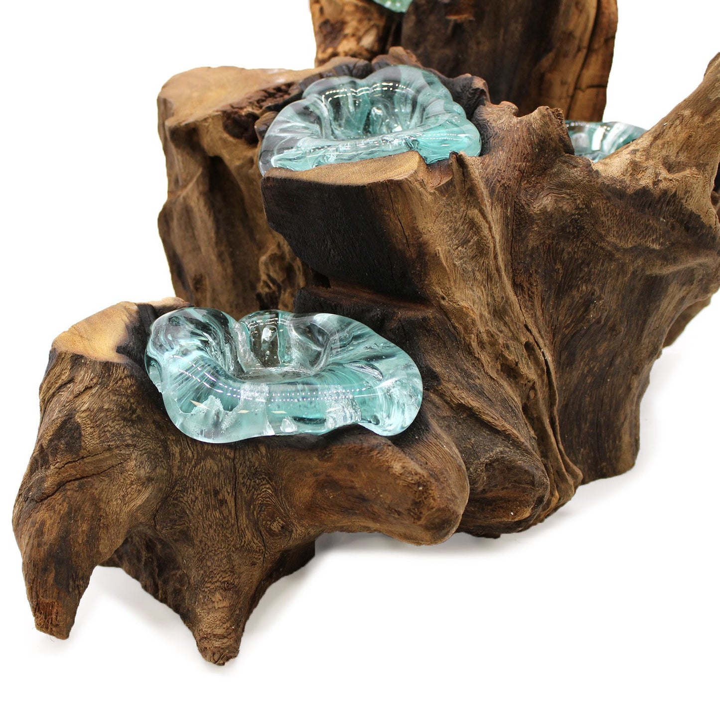 Molten Glass Five Candle Holder on Wood | Handmade Recycled Glass & Gamal Root | Eco-Friendly Natural Home Décor