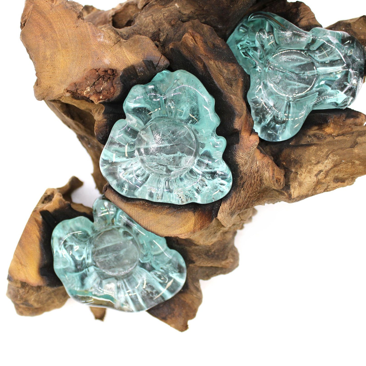 Molten Glass Five Candle Holder on Wood | Handmade Recycled Glass & Gamal Root | Eco-Friendly Natural Home Décor