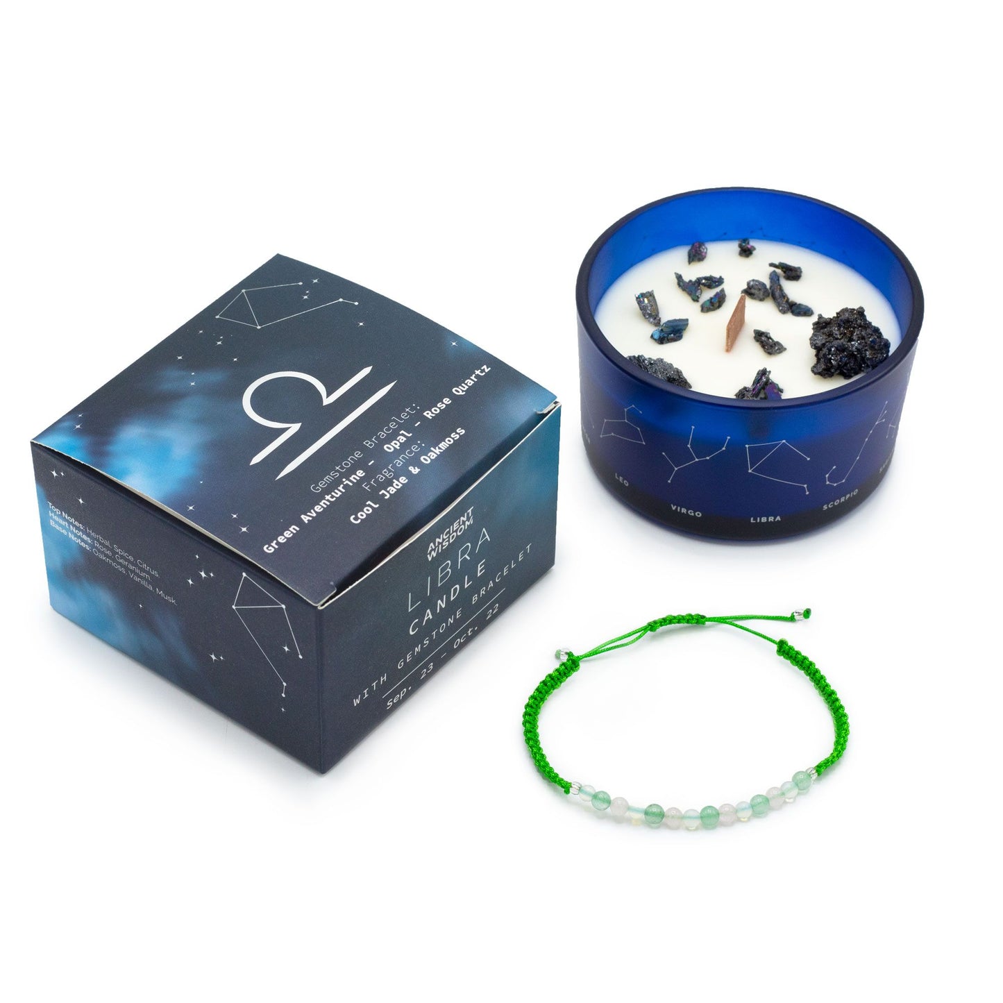 Zodiac Crystal Candle with Gemstone Bracelet – Libra (Green Aventurine, Opal & Rose Quartz | Jade & Oakmoss Scent)