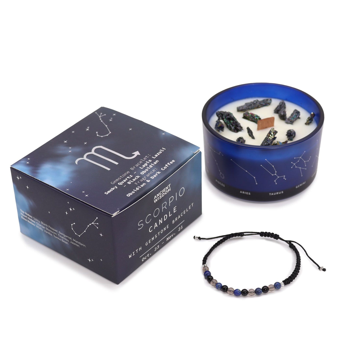 Zodiac Crystal Candle with Gemstone Bracelet – Scorpio (Smoky Quartz, Lapis Lazuli & Black Obsidian | Obsidian & Dark Coffee Scent)