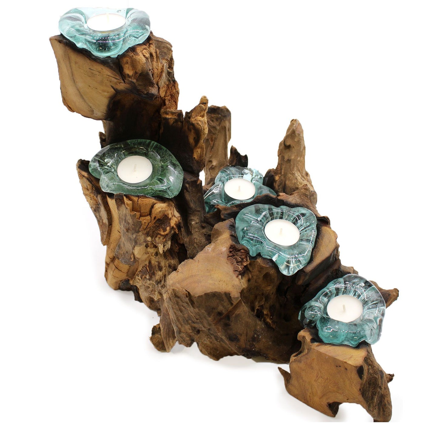 Molten Glass Five Candle Holder on Wood | Handmade Recycled Glass & Gamal Root | Eco-Friendly Natural Home Décor