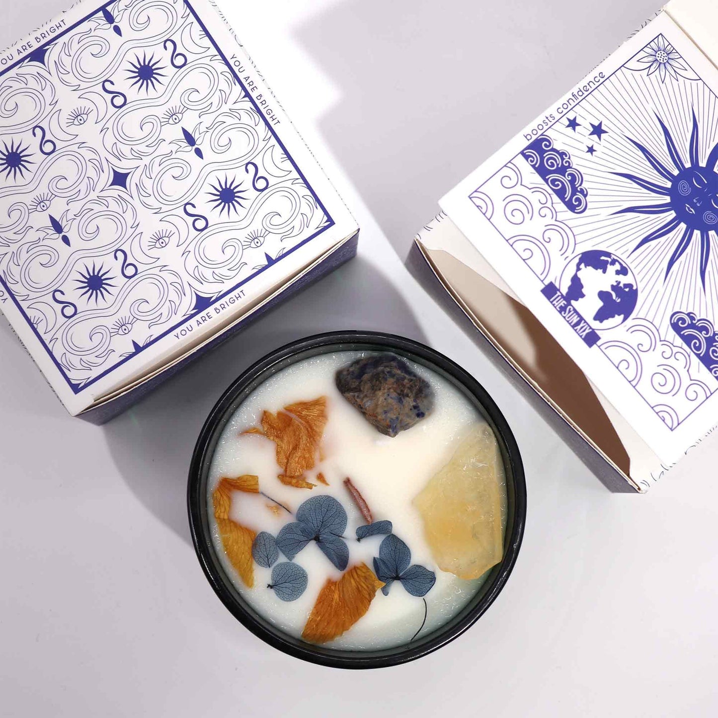 The Sun Crystal Magic Candle – Citrine & Sodalite | Positivity, Energy & Joy (22hr Burn Time)