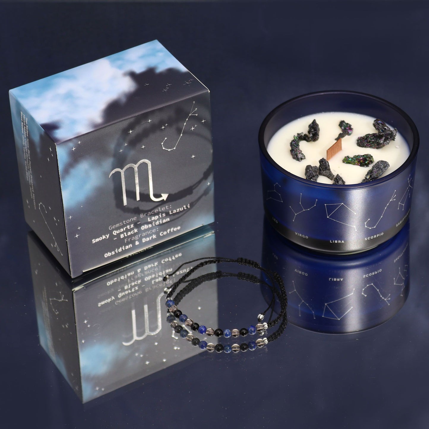 Zodiac Crystal Candle with Gemstone Bracelet – Scorpio (Smoky Quartz, Lapis Lazuli & Black Obsidian | Obsidian & Dark Coffee Scent)