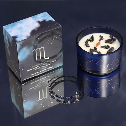 Zodiac Crystal Candle with Gemstone Bracelet – Scorpio (Smoky Quartz, Lapis Lazuli & Black Obsidian | Obsidian & Dark Coffee Scent)