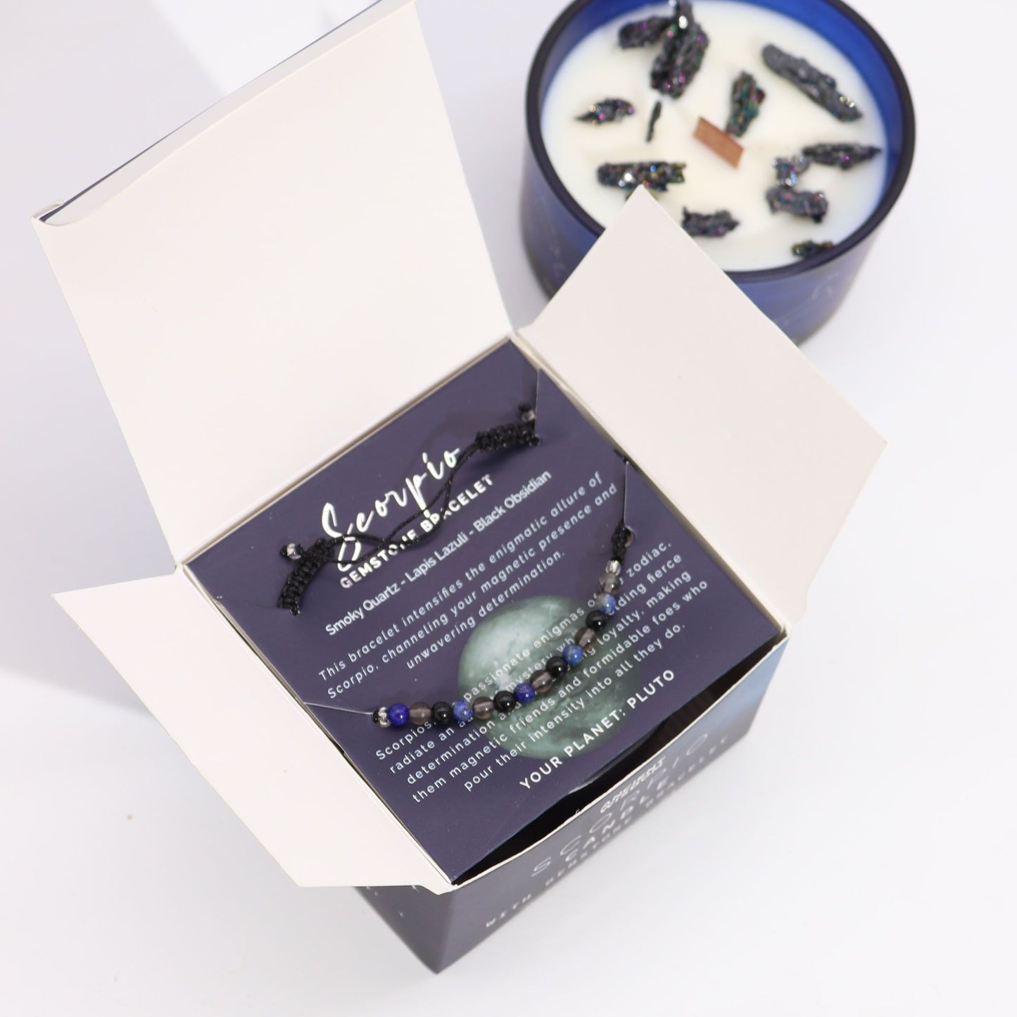 Zodiac Crystal Candle with Gemstone Bracelet – Scorpio (Smoky Quartz, Lapis Lazuli & Black Obsidian | Obsidian & Dark Coffee Scent)