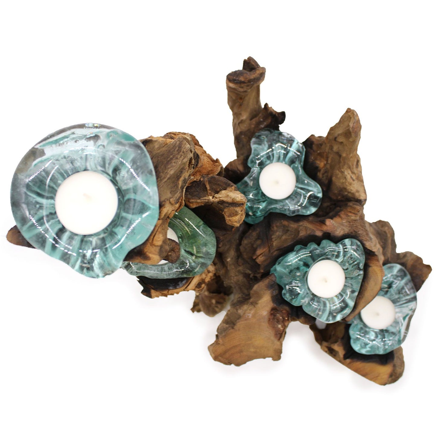 Molten Glass Five Candle Holder on Wood | Handmade Recycled Glass & Gamal Root | Eco-Friendly Natural Home Décor