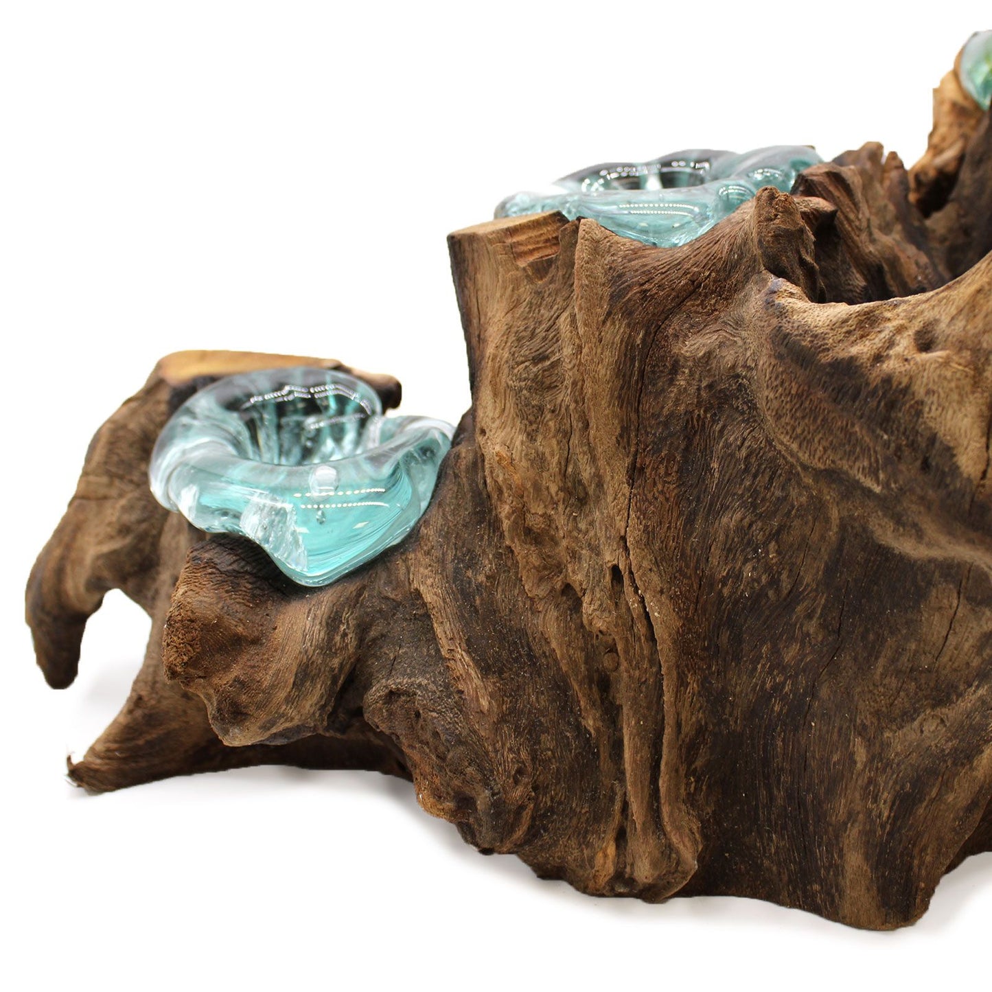 Molten Glass Five Candle Holder on Wood | Handmade Recycled Glass & Gamal Root | Eco-Friendly Natural Home Décor