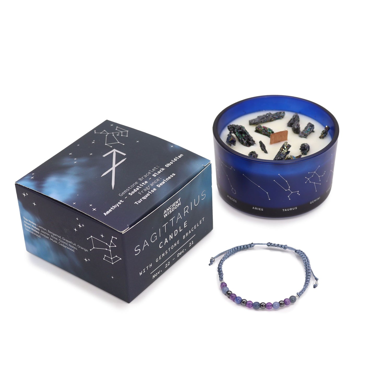 Sagittarius Zodiac Crystal Candle & Gemstone Bracelet – Turquoise Dewiness | Amethyst, Sodalite & Obsidian Crystals