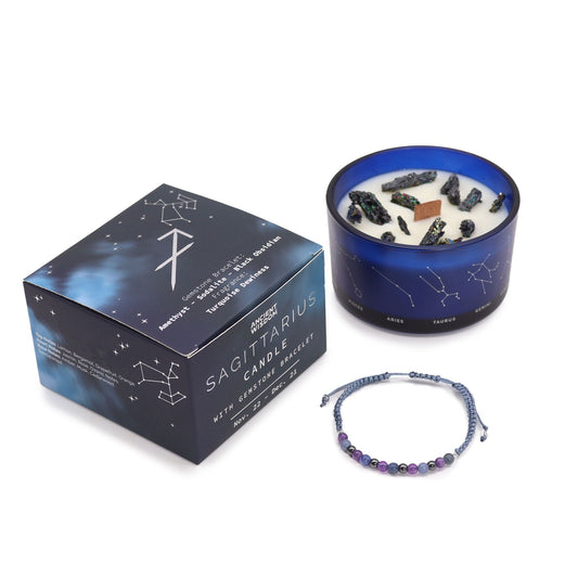 Sagittarius Zodiac Crystal Candle & Gemstone Bracelet – Turquoise Dewiness | Amethyst, Sodalite & Obsidian Crystals