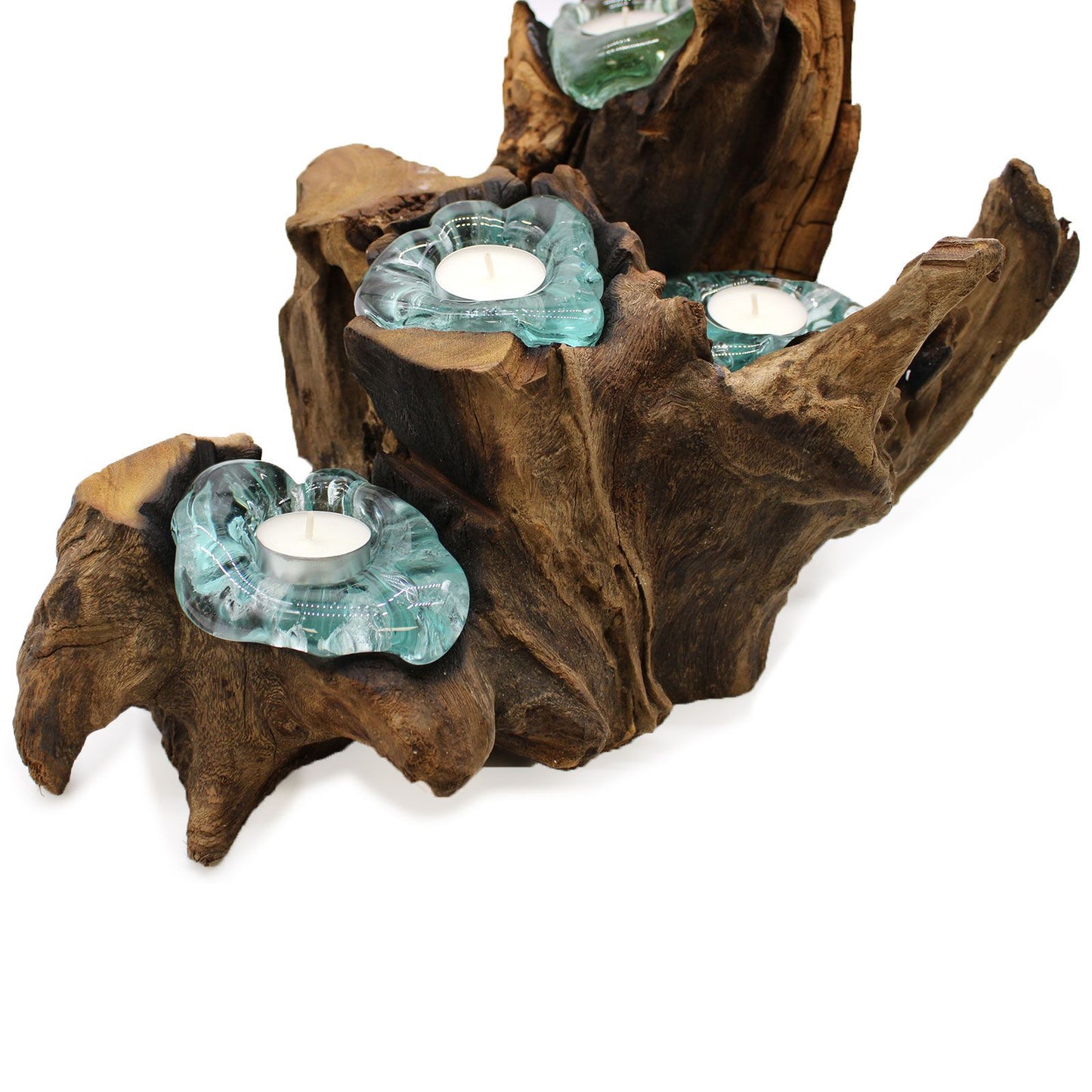 Molten Glass Five Candle Holder on Wood | Handmade Recycled Glass & Gamal Root | Eco-Friendly Natural Home Décor