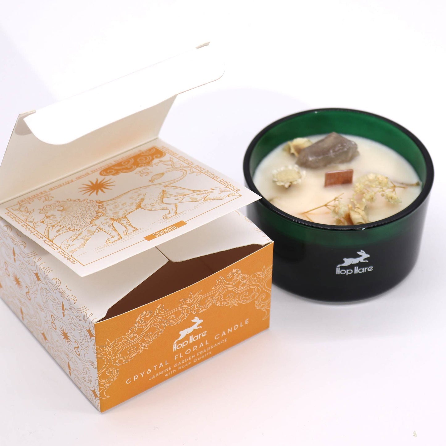 The Lion Crystal Magic Candle – Rock Quartz & Jasmine Garden | Peace, Calm & Healing Energy (22hr Burn Time)