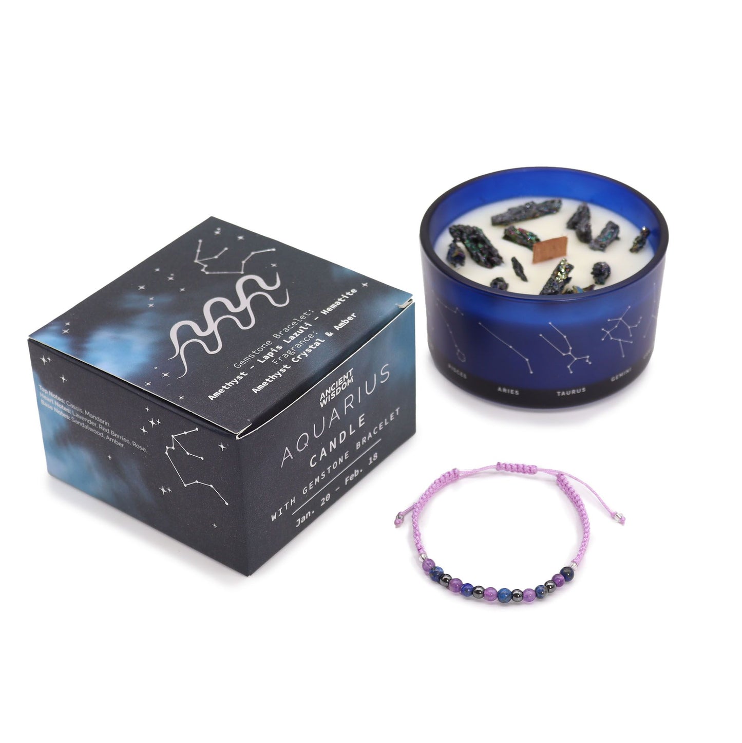 Aquarius Zodiac Crystal Candle & Gemstone Bracelet – Amethyst & Amber | Lapis Lazuli, Hematite & Amethyst Crystals