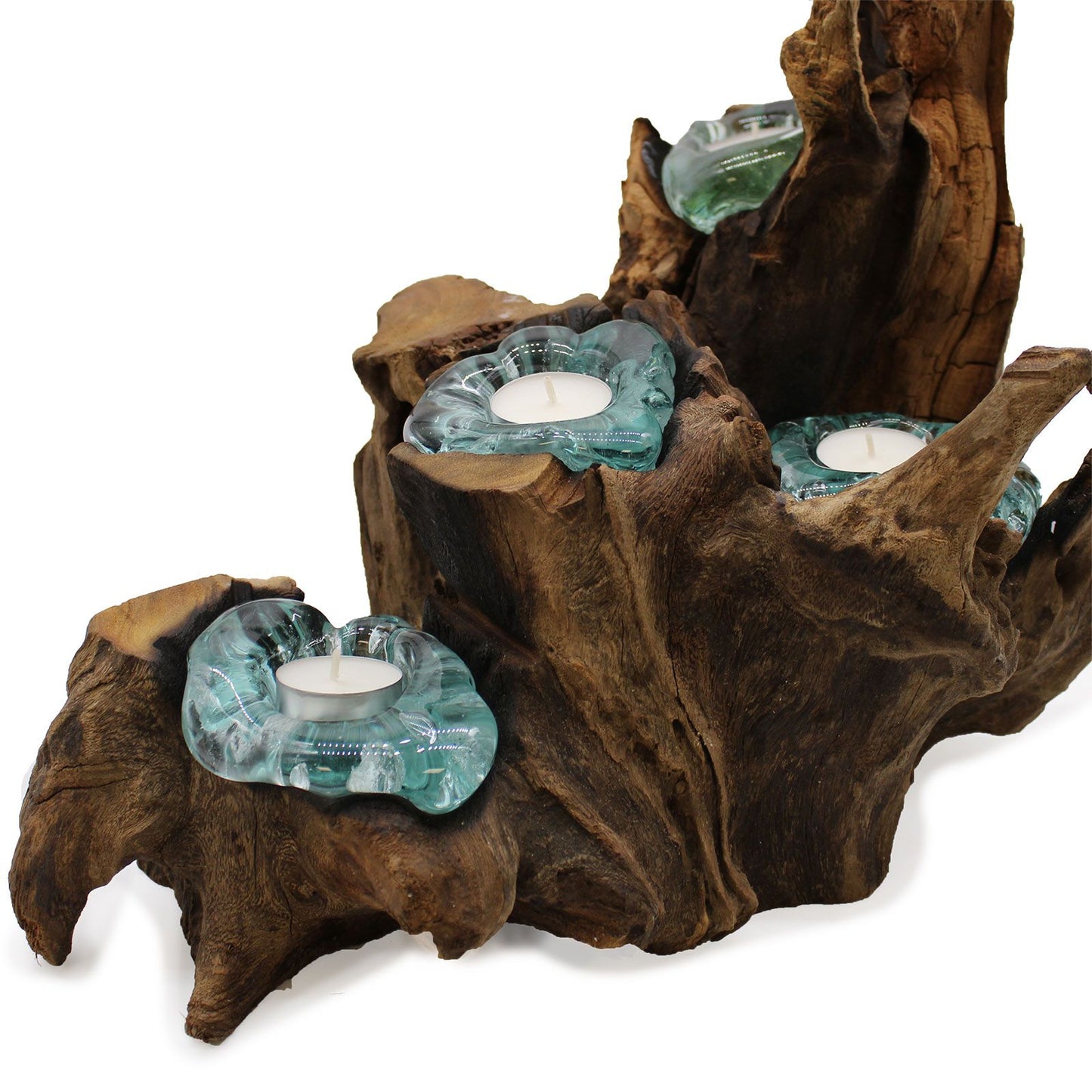 Molten Glass Five Candle Holder on Wood | Handmade Recycled Glass & Gamal Root | Eco-Friendly Natural Home Décor
