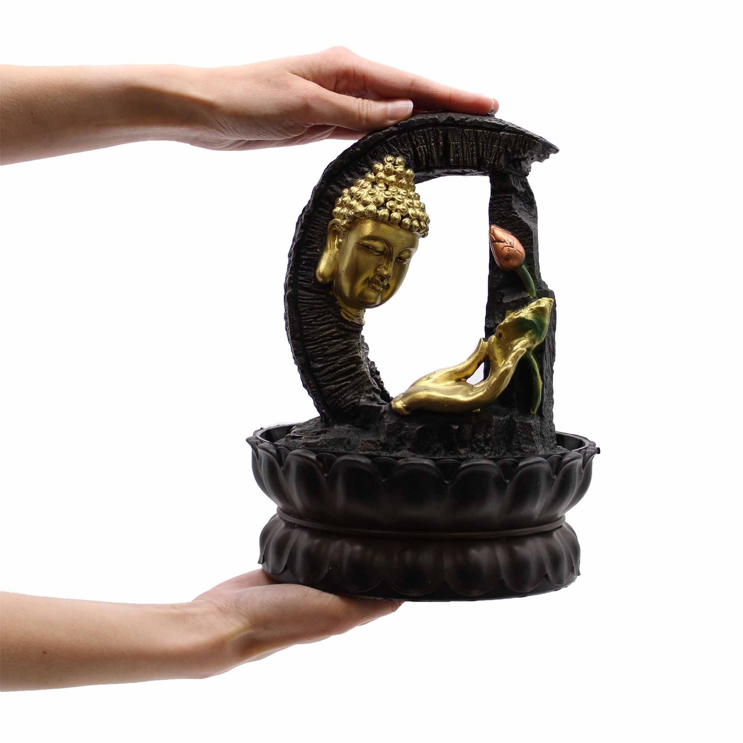 Tabletop Water Feature 30cm  – Golden Buddha & Lotus  | Indoor LED Relaxation Fountain for Home & Office
