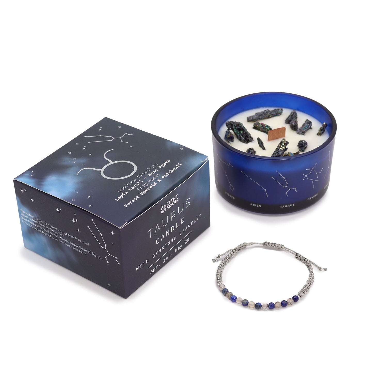 Taurus Zodiac Crystal Candle & Gemstone Bracelet – Forest Emerald & Patchouli | Lapis Lazuli & Moss Agate Crystals
