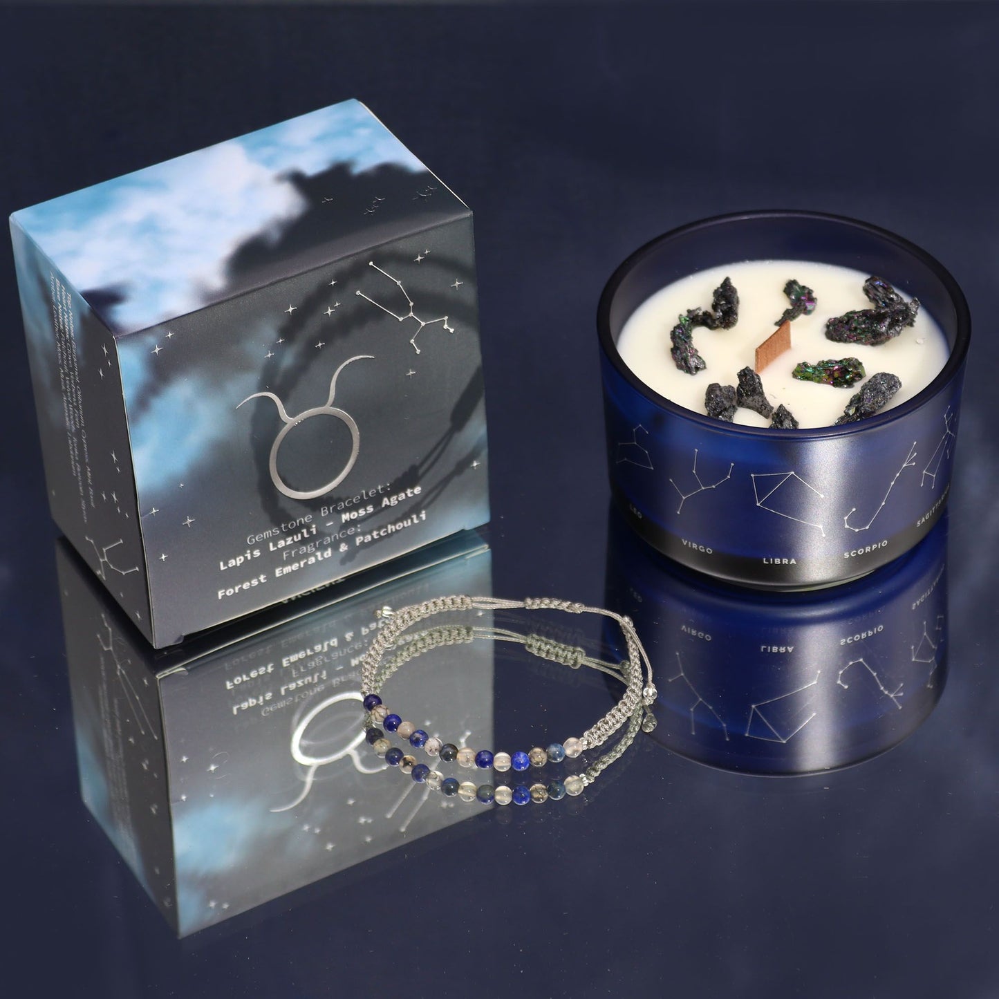 Taurus Zodiac Crystal Candle & Gemstone Bracelet – Forest Emerald & Patchouli | Lapis Lazuli & Moss Agate Crystals