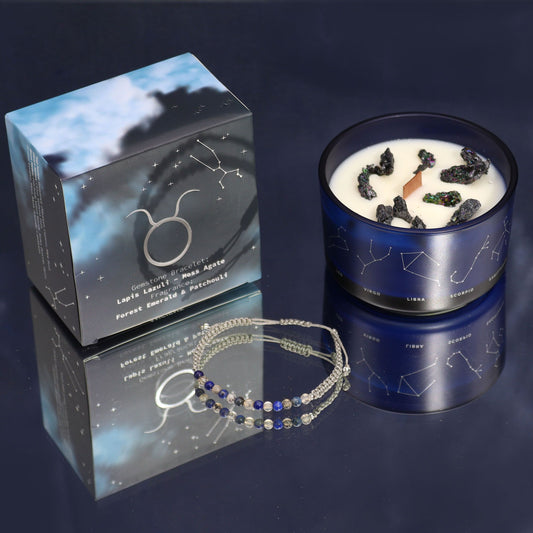 Taurus Zodiac Crystal Candle & Gemstone Bracelet – Forest Emerald & Patchouli | Lapis Lazuli & Moss Agate Crystals