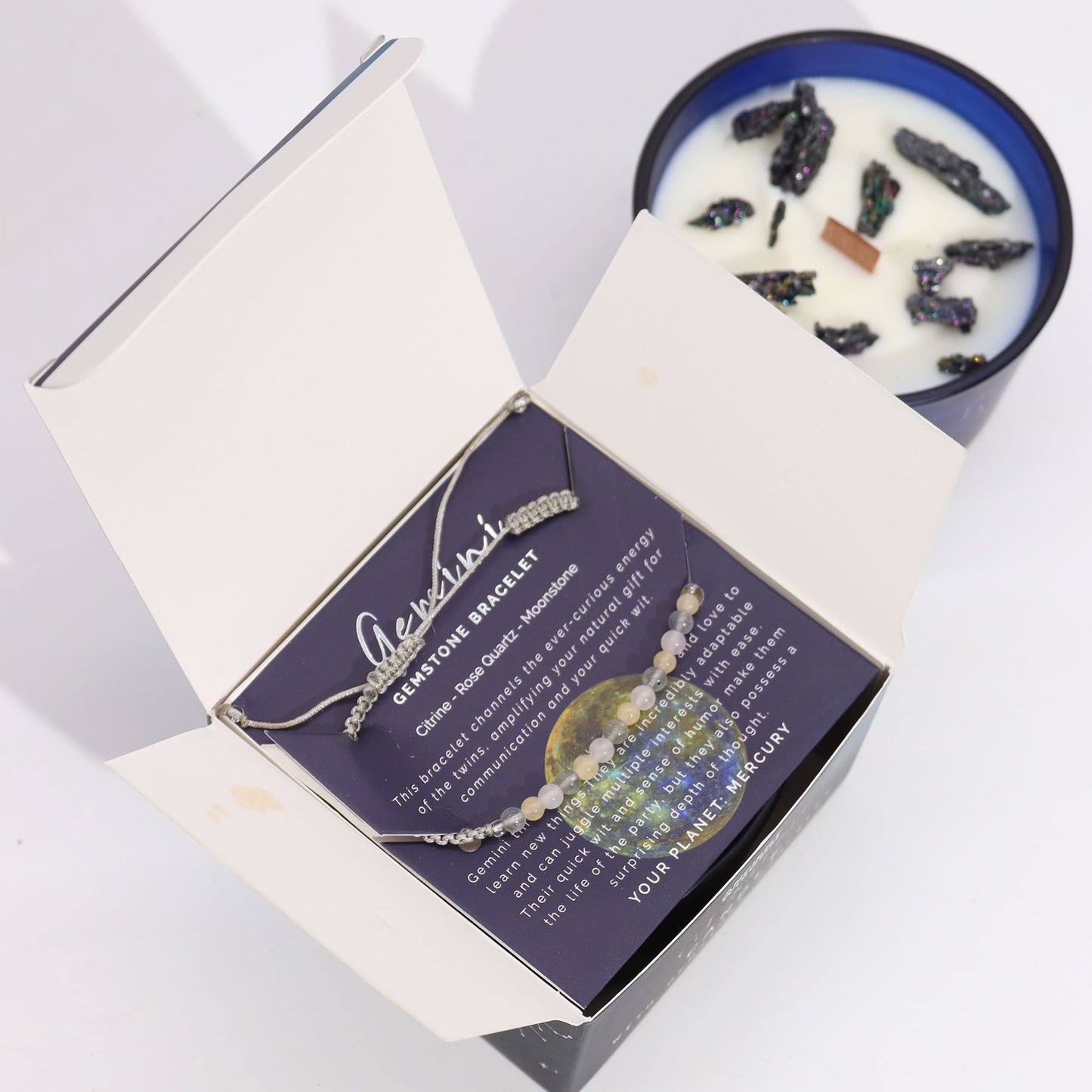 Gemini Zodiac Crystal Candle & Gemstone Bracelet – Oriental Tiger’s Eye | Citrine, Rose Quartz & Moonstone Crystals