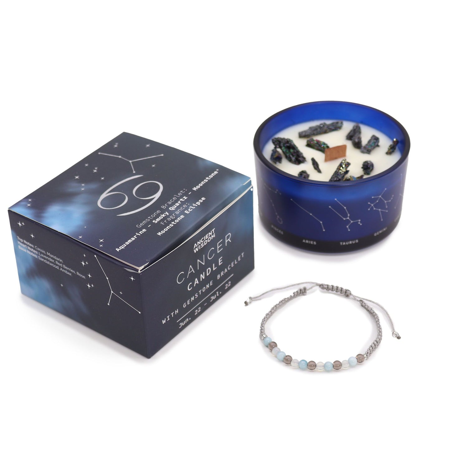 Cancer Zodiac Crystal Candle & Gemstone Bracelet – Moonstone Eclipse | Aquamarine, Smoky Quartz & Moonstone Crystals