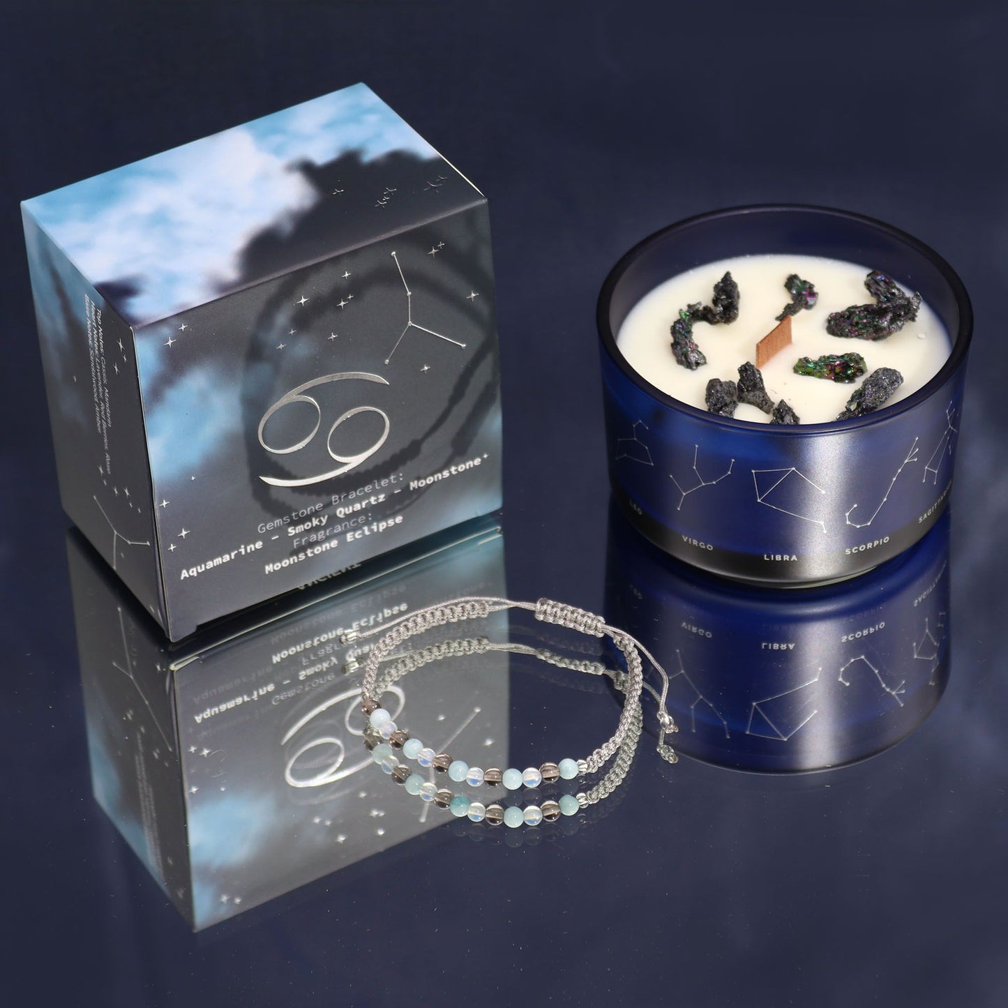 Cancer Zodiac Crystal Candle & Gemstone Bracelet – Moonstone Eclipse | Aquamarine, Smoky Quartz & Moonstone Crystals