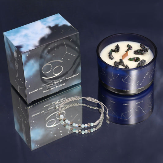 Cancer Zodiac Crystal Candle & Gemstone Bracelet – Moonstone Eclipse | Aquamarine, Smoky Quartz & Moonstone Crystals